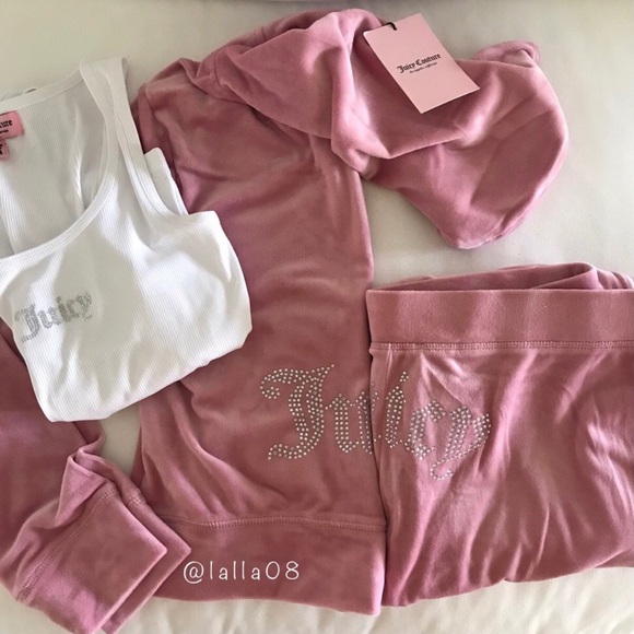 JUICY COUTURE Velour OG Bling Tracksuit Hoodie & Pant Set with White Tank Rose - Picture 1 of 10